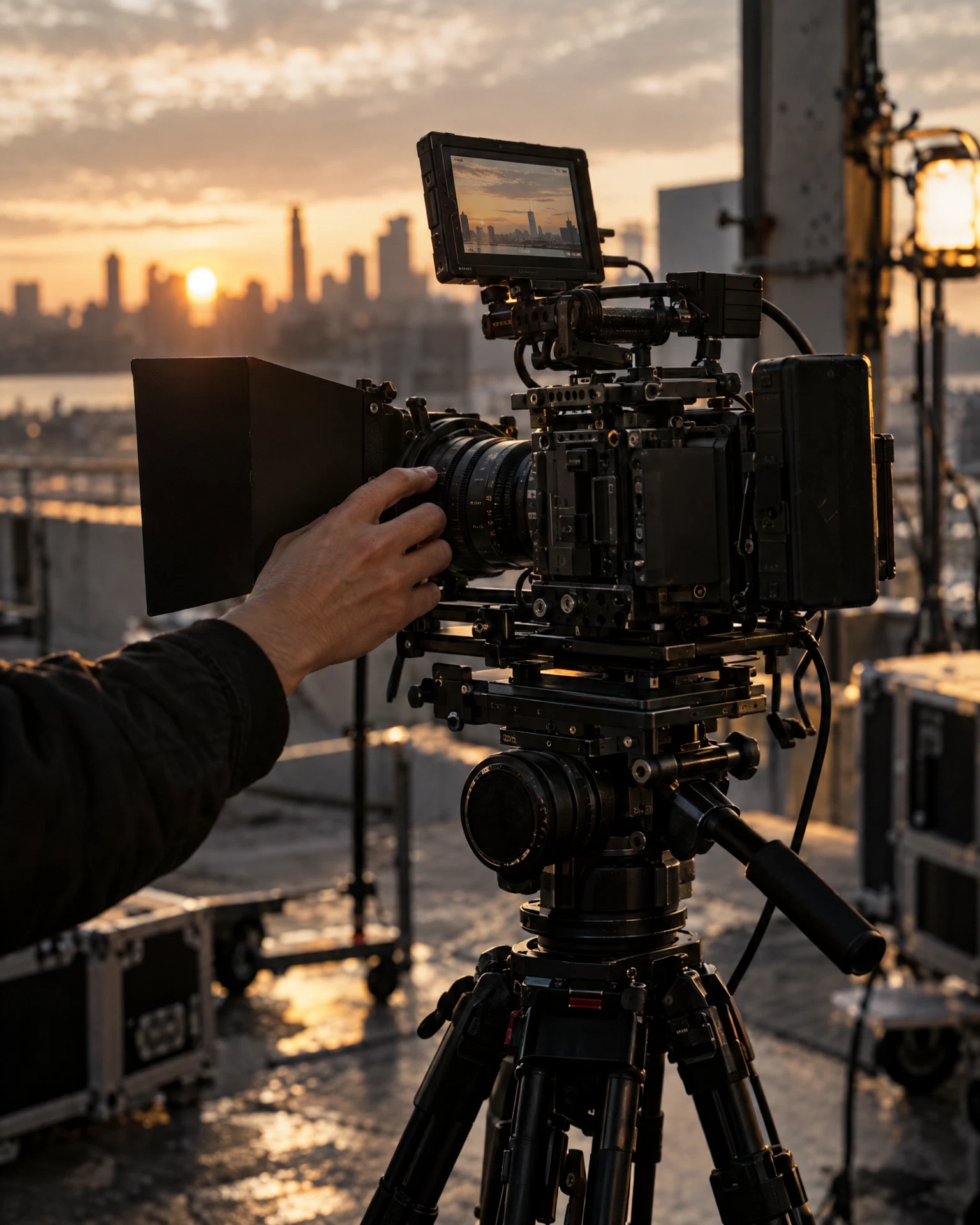 Demonstration image: a cinema camera in warm window light, not a photo of Zach