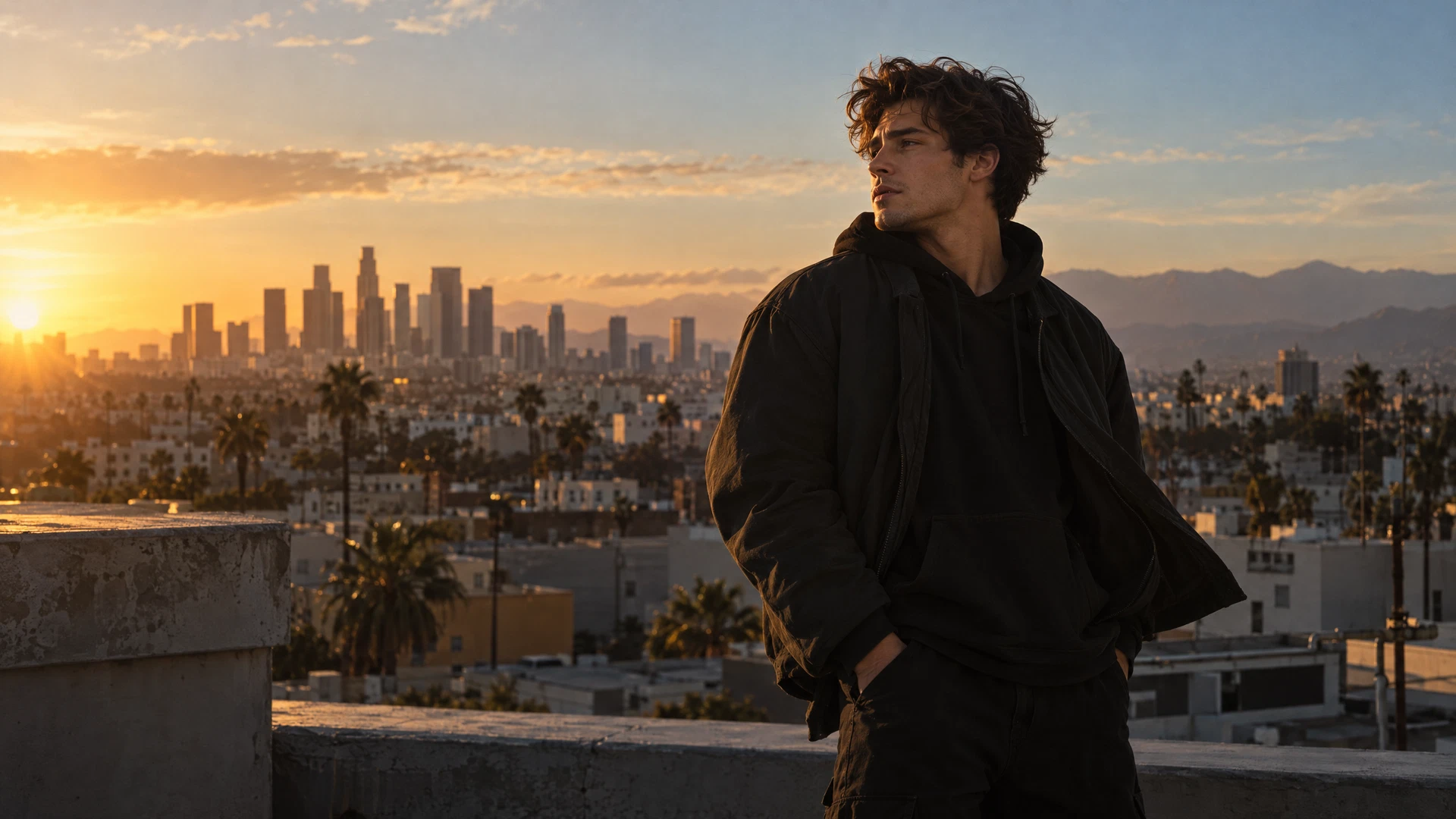 Demonstration image: a creator on a rooftop at golden hour