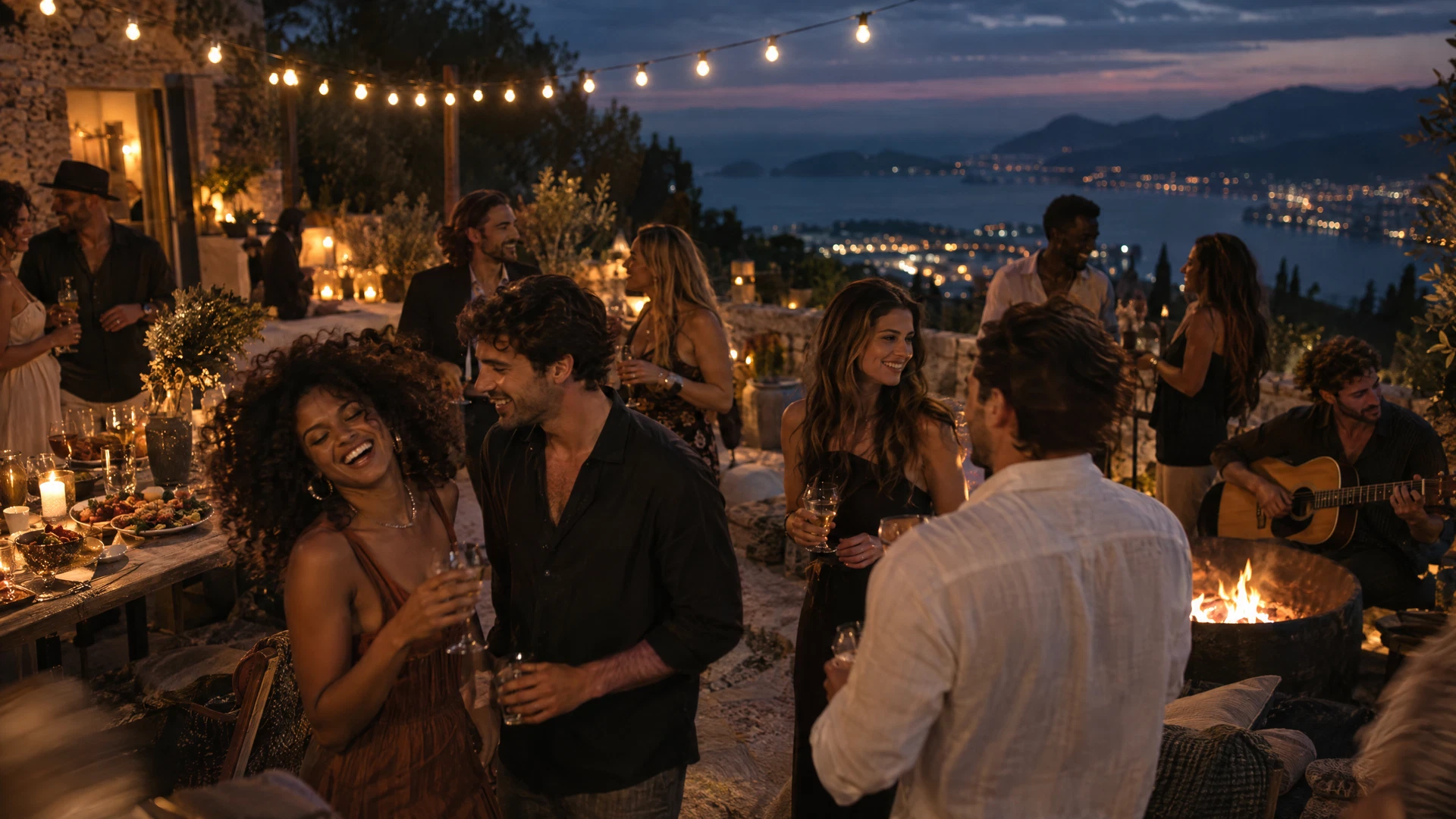 Demonstration image: an outdoor gathering under warm string lights