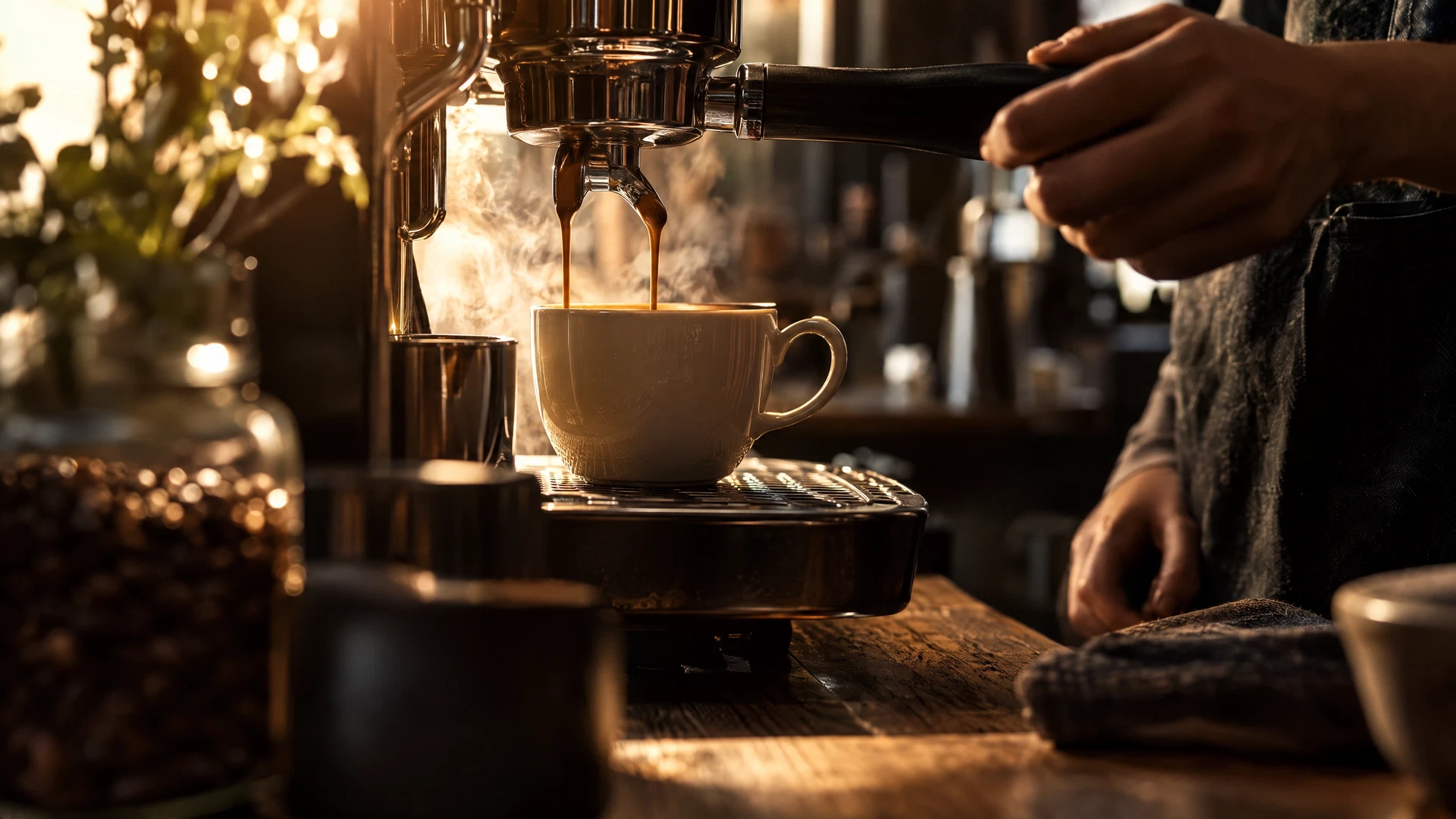 Demonstration image: espresso and steam in an independent cafe