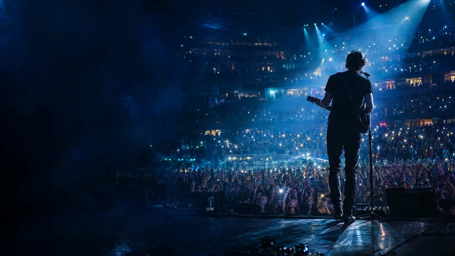 Demonstration image: performer facing an energetic crowd under vivid blue and cyan stage lighting